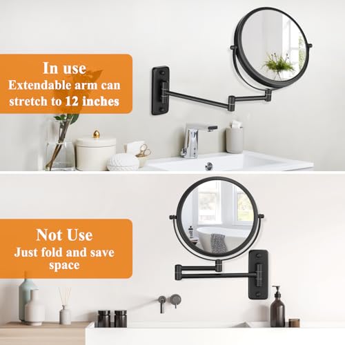 DECLUTTR 1X/15X Wall Mounted Makeup Mirror, 8" Double Sided Vanity Magnifying Mirror, 360¡Æ Swivel Extendable Bathroom Make Up Mirror, Black