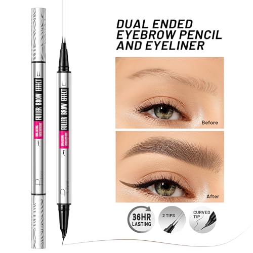 Pudaier 2 Pack 2 Fine Tip Eyebrow Pen, Waterproof Filling Faux Brow Makeup Pencils for Women with Precise Curved Brush-Tip to Fast Create Natural Hair-Like Brows, Last All-Day (Natural Brown)