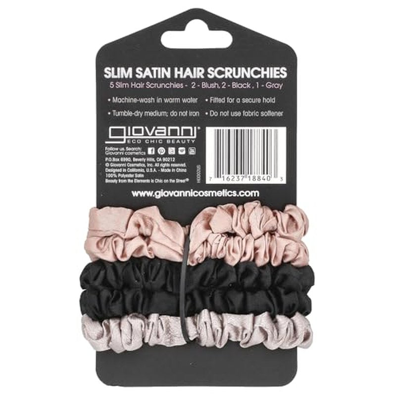 GIOVANNI Slim Satin Hair Scrunchies - Silk Hair Ties, Small Silk Scrunchies for Hair, Satin Hair Ties, Silk Skinny Scrunchies, For Healthy-Looking Hair & Skin - Scrunchie Pack of 5