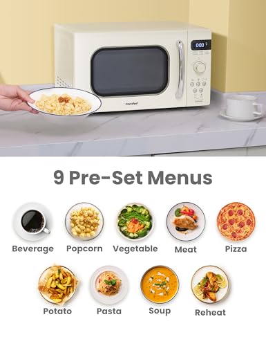 Retro Microwave Oven 0.7 Cu.Ft 700W with 9 Preset Menus Cream Compact Kitchen Appliance