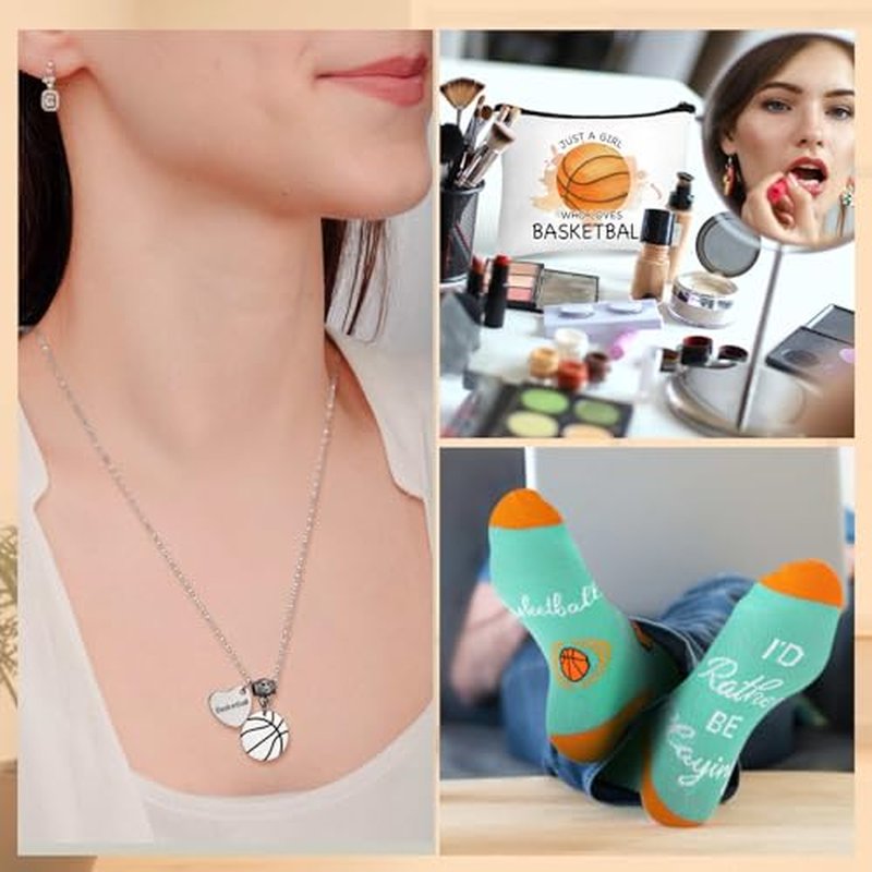 5 Pcs Basketball Gifts for Women Girl Basketball Party Favors Team Players Gift Makeup Bag Necklace Earrings Socks for Sport Birthday Athlete Reward Gifts Stuff