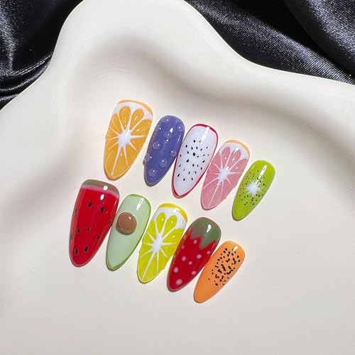 Wsliana Handmade Press On Nails - Medium Almond False Tips with 3D Fruit Design, Reusable, Long-Lasting, Easy Fit, Natural Look - Variation WS076 / L