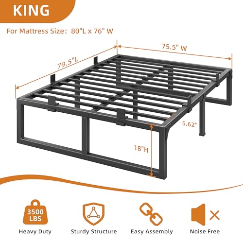 Cresyfu 18 Inch Metal King Bed Frame with Steel Support, Noise-Free, Box Spring-Free, Max Storage