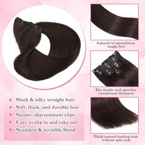 Dark Brown Clip in Hair Extensions 7 Pcs 120g 24 Inch Human Hair Voluminous