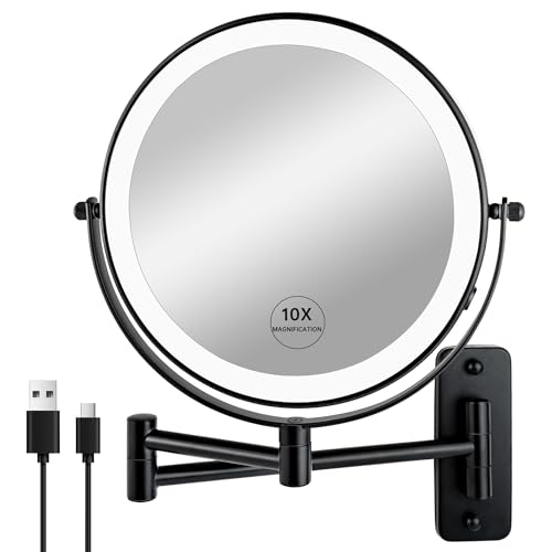 JANEEVA 8" Wall Mounted Lighted Makeup Mirror,Rechargeable Double Sided 1X/10X Magnifying Mirror with 3 Color Lights,Touch Dimmable Bathroom Vanity Mirror with 360¡ÆSwivel Extendable Arm Matte Black