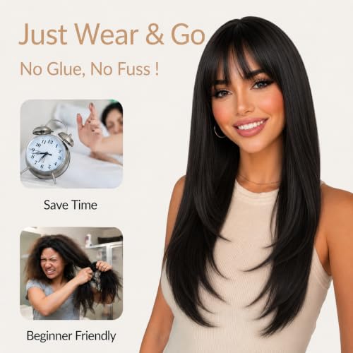 Black 26-Inch Layered Wig with Bangs for Women - Natural Straight Style