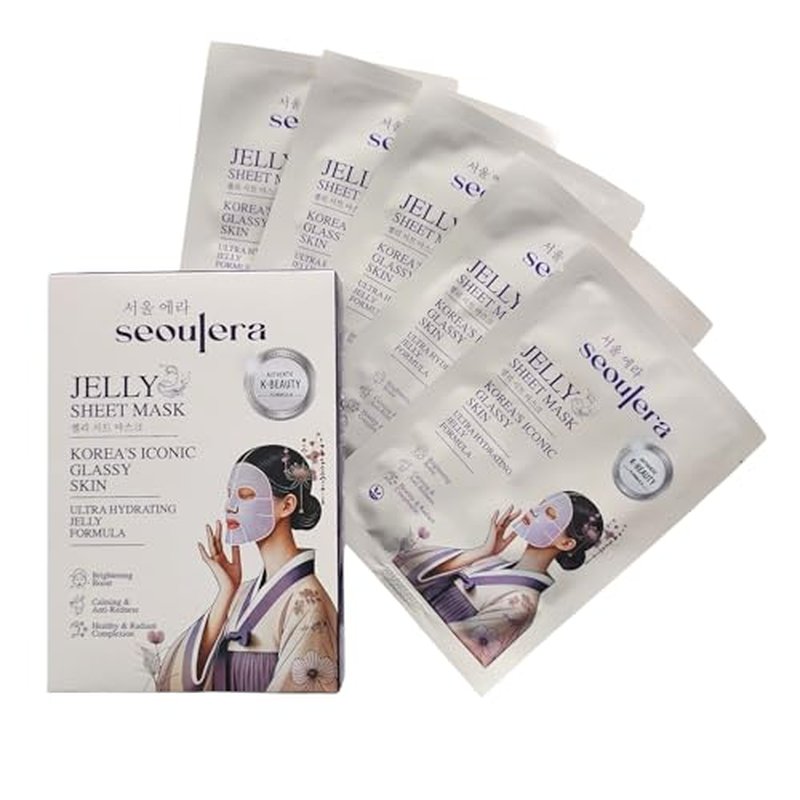 Korean Jelly Sheet Mask, Brightening & Calming Glow, Anti-Redness Hydration for Sensitive Skin, 5 Pack