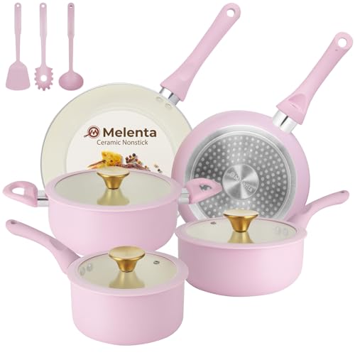 Pink Ceramic Non-Stick Pots and Pans Set - 11 Pieces, Compact Cookware