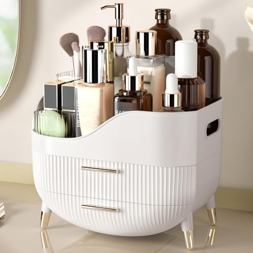 Makeup Organizer for Vanity, Large Capacity Skincare Cosmetic Organizer Countertop with 2 Drawers, Cosmetic Display Cases Makeup Storage Box for Bedroom, Bathroom, Ideal Gifts for Women(White)