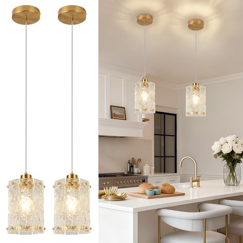 Gold Pendant Lights for Kitchen Island Water Ripple Glass Modern Chandelier 2 Pack