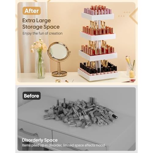 Homde Nail Polish Display Stand and Storage: 360 Degree Rotating Bamboo Rack Organizer, 4 Tier Makeup Holder for Fast Access on Countertop or Vanity for Girls & Women,White
