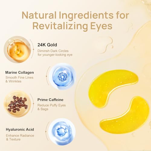 Under Eye Patches - 24K Gold Eye Mask for Puffy Eyes and Dark Circles, Wrinkles, Fine Lines, Collagen Skin Care Products, Gel Eye Patches for Dark Circles, Puffy Eyes, Undereye Bags