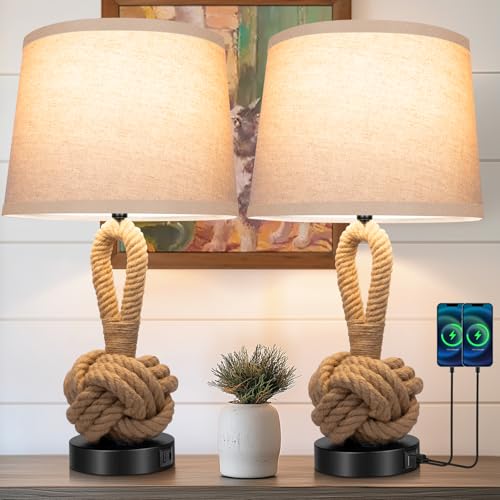 22-Inch Hemp Rope Nightstand Lamps Set of 2 with USB Ports - Boho Rattan Bedside Lamps, 3 Color Temperatures, Includes Bulbs - Natural Variation of THIS listing