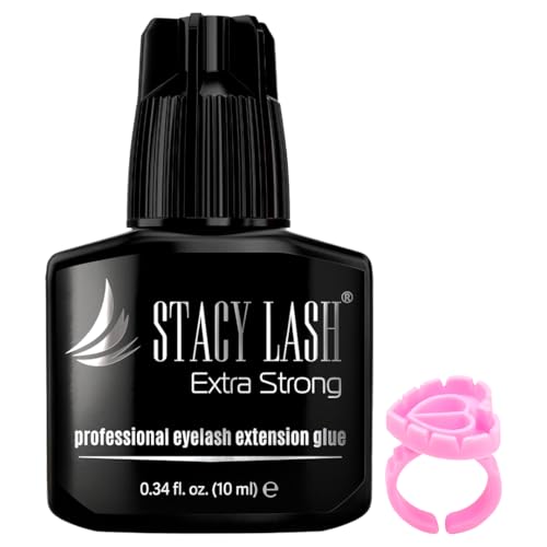 Extra Strong Eyelash Extension Adhesive with Glue Ring - 0.34 Fl Oz Fast Dry 1 Sec - Long Lasting Lash Glue for Professionals - Variation: Extra Strong 0.34 Fl Oz + Glue Ring