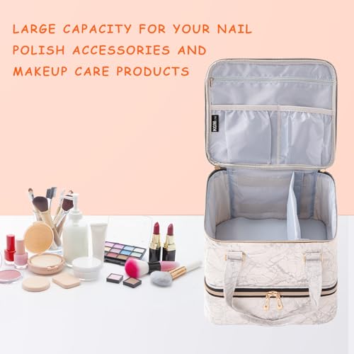 Nail Polish Organizer, Double Layer Nail Polish Storage Bag Carrying Case Holds 42 Bottles with Nail Dryer Lamp Portable Manicure kit supplies Organizer £¨White£©