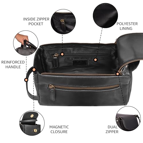 Genuine Leather Travel Toiletry Bag for Men & Women ? Premium Water-Resistant Large Dopp Kit, Shaving Organizer & Compact Bathroom Essentials Case - Black