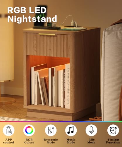 Akxomel Fluted Nightstand Bedside Table with Charging Station - Natural Oak