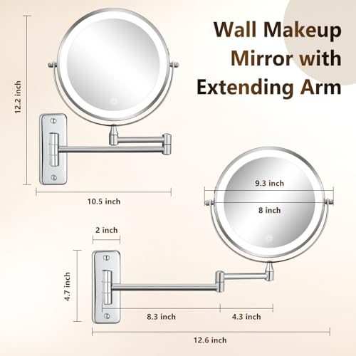 Rechargeable 8 Inch Makeup Mirror with 3 Lights - Silver LED, 1X/15X Magnification