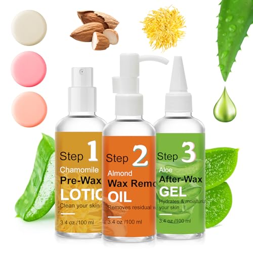Pre Wax Spray and After Wax Spray, Triple-bottle Skin Care Set with Pre-wax Cleanser, Wax Remover Oil and Skin Soother Organic Aloe Vera Gel for Sensitive Skin - 100ML