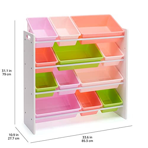 Kids Toy Storage Organizer with 12 Plastic Bins - White Wood with Pink Bins, 33.85 x 12.79 x 35.42 Inches - Variation: White Wood with Pink Bins