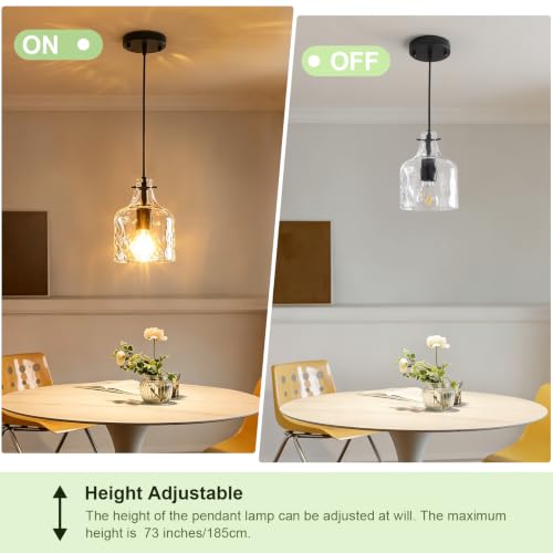 2 Pack Black Hammered Glass Pendant Lights - Adjustable Farmhouse Kitchen Island Fixture