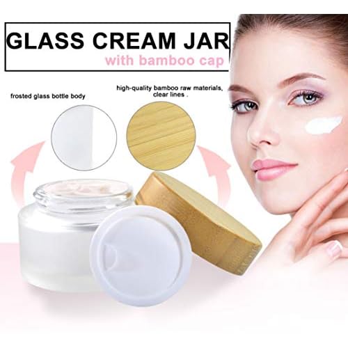 Frosted Glass Cream Jars,4 Pack 100ml/3.4oz,Natural Bamboo lids Empty Refillable Cosmetic Container Bottles Glass Cosmetic Sample Jars with lids for Face Cream Make Up Eye Shadow Travel