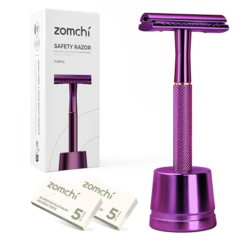 ZOMCHI Double Edge Safety Razor with Stand, Safety Shaving Razor with 10 Double Edge Safety Razor Blades, Eco-Friendly Razor for Shaving ? Purple