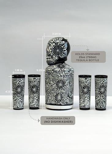 Black Tequila Decanter Set with Skull Shot Glasses and Mexican Sombrero - Hand-Painted Bar Decor