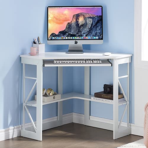 White Corner Desk with Keyboard Tray & Storage Shelves - Compact Triangle Office Table