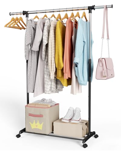 Heavy Duty Adjustable Garment Rack with Wheels - Black & Chrome, 34 x 17 x 69 inch