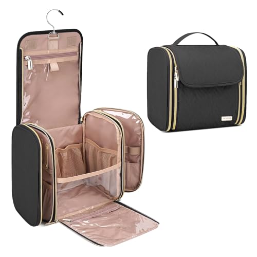 Black Hanging Toiletry & Makeup Bag with Jewelry Organizer - Travel Cosmetic Organizer