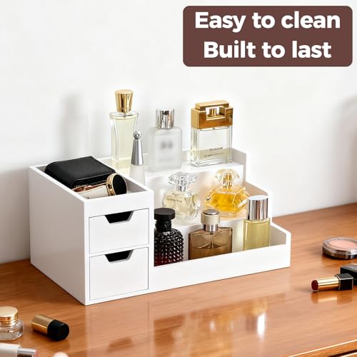 White Wooden Perfume & Makeup Organizer Countertop Rack - 2 Drawers, 3 Tiers