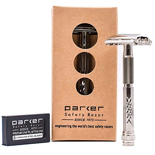 Parker 60R Long Handle Butterfly-Open DE Safety Razor for Men ? Solid Brass, Nickel-Plated Wet Shaving Razor ? Includes 5 Platinum Blades?Close, Comfortable Shave, Reduces Razor Burn & Ingrown Hairs