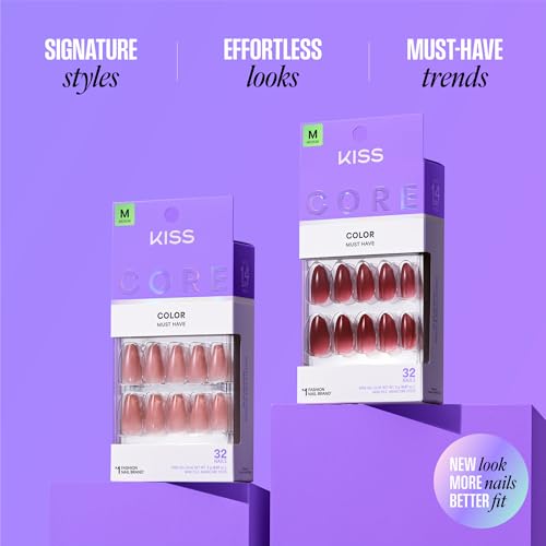 KISS CORE Color Press On Nails Almond, Lyrical, White, 32 Count