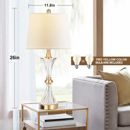 Hamucd Gold Glass Touch Table Lamps Set of 2 with USB Ports, Dimmable Nightstand Lights