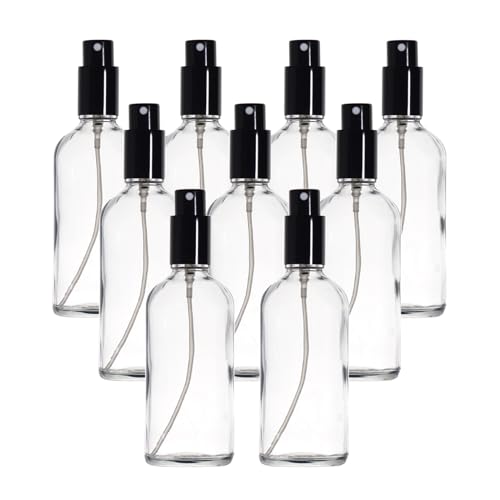 100ml Glass Spray Bottles Set with Fine Mist Nozzles - Refillable Travel Essential Oil Bottles - Transparent, 9 Pack