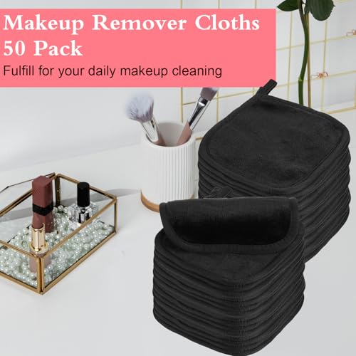 50 Pcs Makeup Remover Cloths Reusable Washable Remover Pads Soft Microfiber Washcloths Facial Cloths Makeup Towels for Women, 5 x 5 Inch(Black)