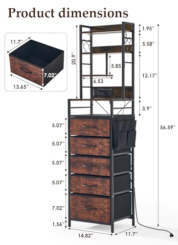 Tall Nightstand with Charging Station & 5 Drawers - Brown, 57 Inches - Variation of Brown / 1 Pack