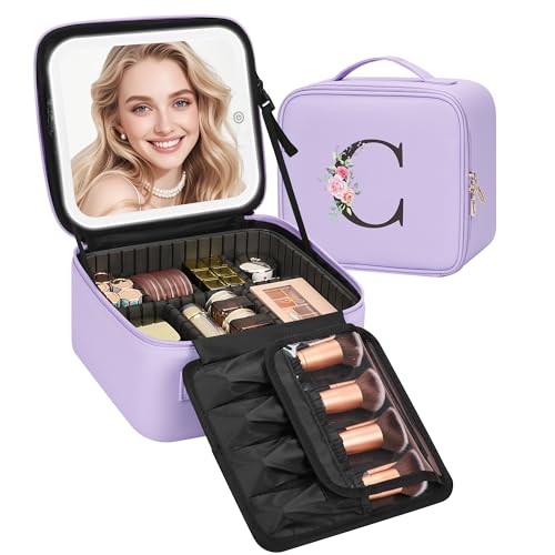 Relavel Personalized Initial Makeup Bag with LED Mirror - Purple, Monogram Cosmetic Train Case for Women & Girls - Variation C