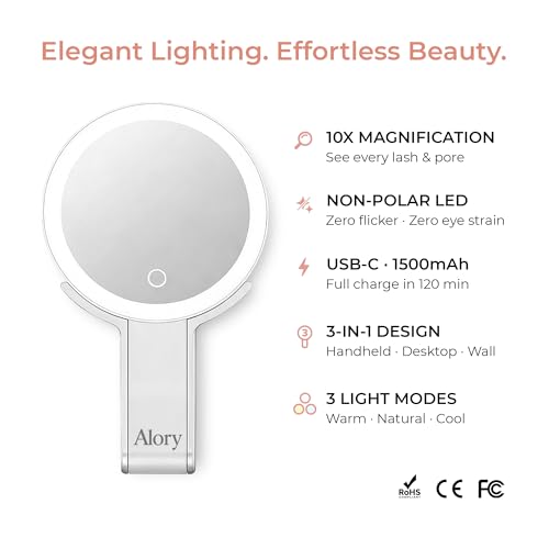 Travel Makeup Mirror with Lights and 10X Magnification – Rechargeable Compact Vanity Mirror with 3 Light Modes