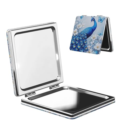 UTRSIFB Magnifying Travel Mirror, Dual-Sided Portable Square Mirror, Perfect for Makeup Skincare Routine,(Blue Peacock and White Flowers)