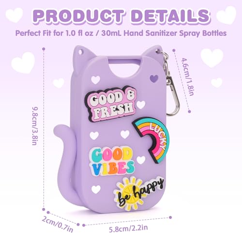 Silicone Case Holder Compatible with Hand Sanitizer Spray Touchland 1 fl oz, Cute Cat Ear Protective Case with Keychain & 4 Decorative Charms (Purple, 1P)