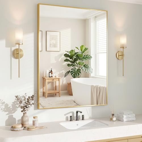 Gold Wall Mirror 30x40 Inch Rectangular Bathroom & Living Room Mirror - Horizontal or Vertical Mount - Variation: Gold / 40"L x 30"W