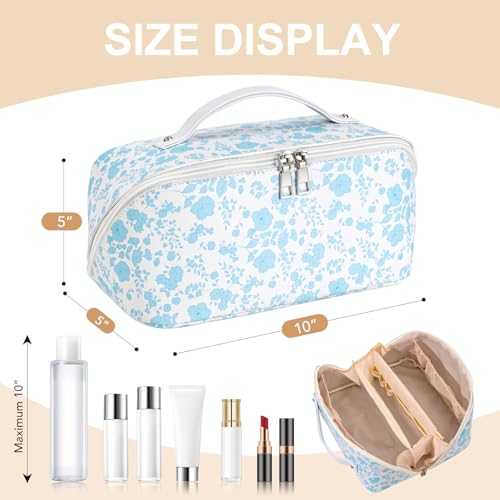 Travel Makeup Bag for Women PU Make Up Bag Portable Travel Cosmetic Bag with Removable Divider Large Makeup Bag Organizer Waterproof Toiletry Bag, Sky Blue