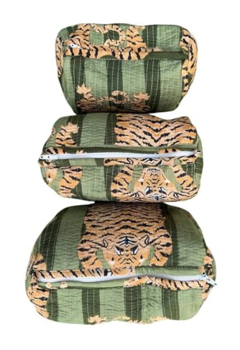 YILLE Quilted Toiletry Bags Set of 3 for Women - Dark Green Fat Tiger Travel Organizer