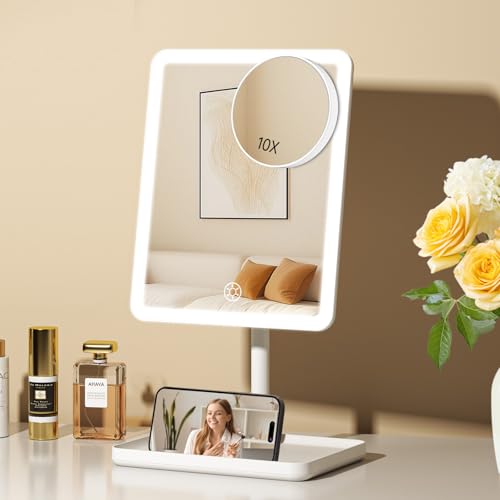 FUNTOUCH Vanity Mirror with Lights, Rechargeable Makeup Mirror with Lights,Smart Touch with 3-Color Lighting, Dimmable, Detachable 10X Magnification for Vanity Desk Tabletop,White