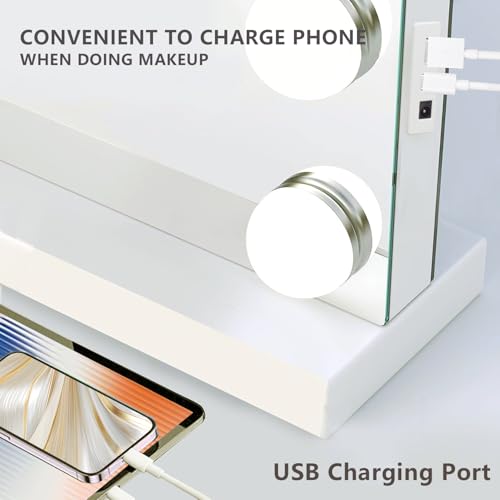Hollywood Vanity Mirror with Lights, 15 Dimmable Bulbs, 3 Color Lights,Make Up Lighted Mirror, Aluminum Metal Frame, USB Charging Port£¨23" x 18"£©