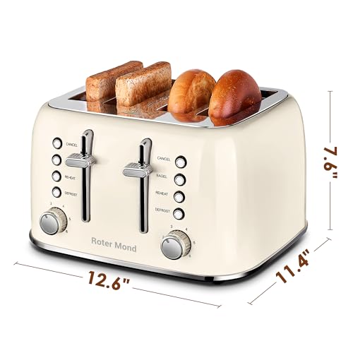 Roter Mond 4-Slice Retro Toaster with Extra Wide Slots & Dual Control - Cream White