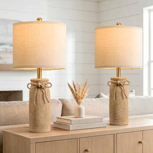 BOBOMOMO Burlap Beige 25.5" Boho Resin Woven Table Lamps Set of 2 for Bedroom & Living Room