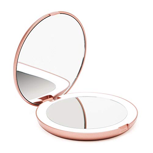 Fancii LED Lighted Travel Makeup Mirror, 1x/10x Magnification - Daylight LED, Compact, Portable, Large 5" Wide Illuminated Folding Mirror - Lumi (Rose Gold)